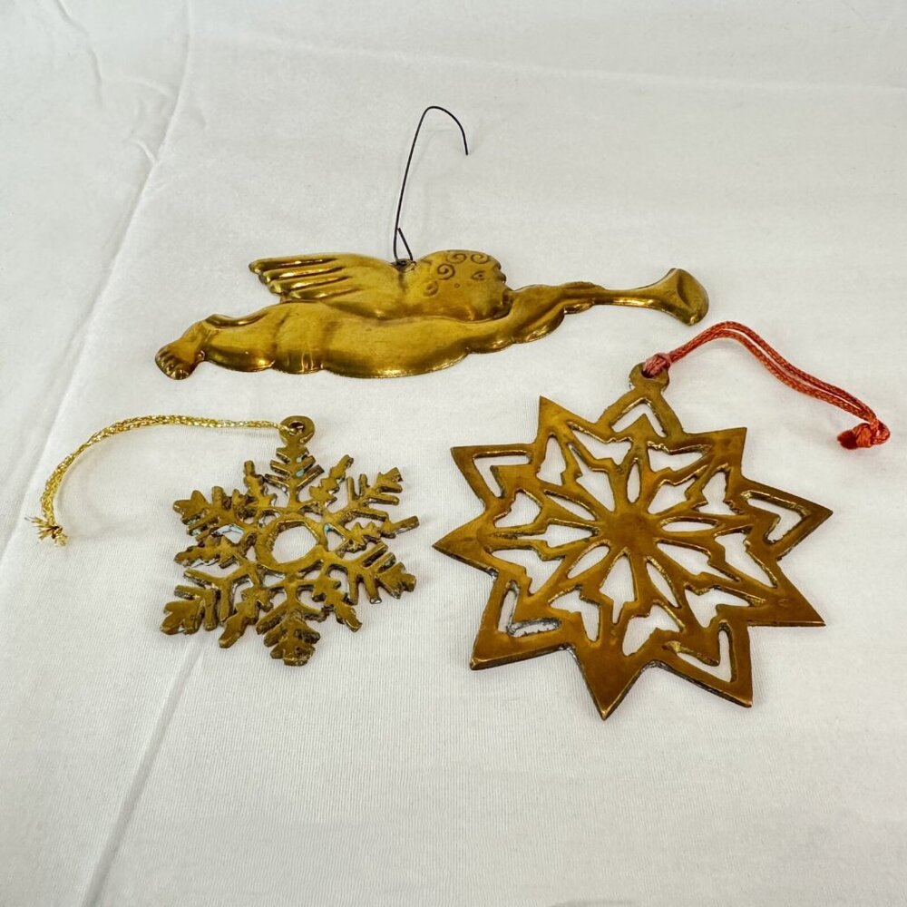 Vintage Lot Of One Dept. 56 Brass Cherub & Two Snowflake Christmas Ornaments